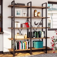 IRONCK Industrial Bookshelf and Bookcase Double Wide 5 Tier, Large Open Shelves, Wood and Metal. Appears New