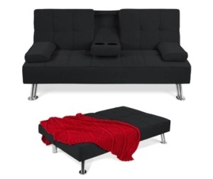 Linen Upholstered Convertible Sofa Bed Futon w/ 2 Cupholders, Black