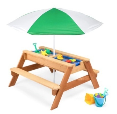 3-in-1 Kids Sand & Water Table Outdoor Wood Picnic Table w/ Umbrella, Green