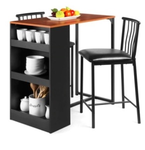 3-Piece Counter Height Kitchen Dining Table Set w/ Storage Shelves, Espresso