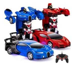 Set of 2 1/18 Scale RC Remote Control Transforming Robot Car Toys, Red & Blue