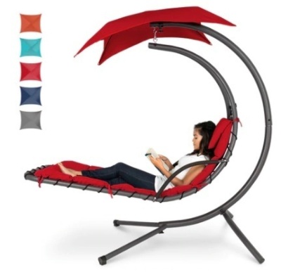 Hanging Curved Chaise Lounge Chair w/ Built-In Pillow & Removable Canopy, Red