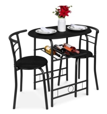 3-Piece Wooden Table & Chairs Dining Set w/ Lower Storage Shelf, Black