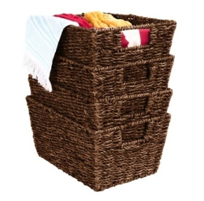 Set of 4 Seagrass Storage Tote Baskets, Laundry Organizer w/ Insert Handles, Brown