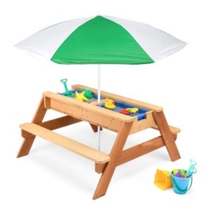 3-in-1 Kids Sand & Water Table Outdoor Wood Picnic Table w/ Green Umbrella