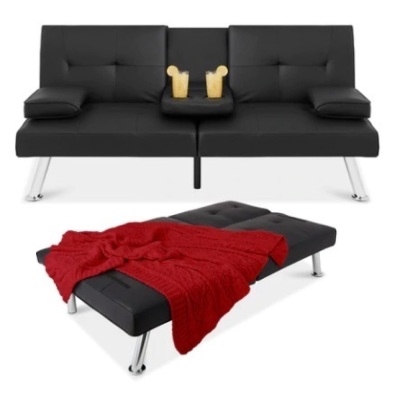 Faux Leather Upholstered Convertible Sofa Bed Futon w/ 2 Cupholders, Black