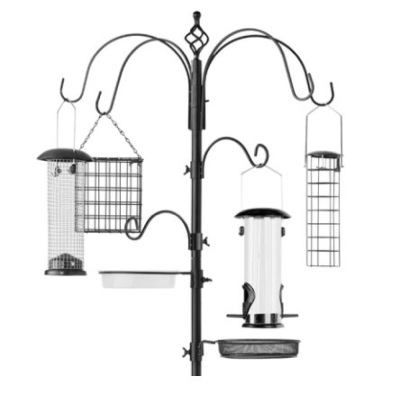 Bird Feeding Station, 6-Hook Steel Multi-Feeder Stand w/ 4 Feeders, 89in