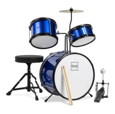 Kids Beginner 3-Piece Drum, Musical Instrument Set w/ Sticks, Stool, & Pedal, Blue