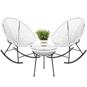 3-Piece Patio Woven Rope Acapulco Rocking Chair Bistro Set. New with Very Light Damage on One Leg