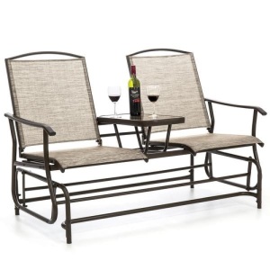 2-Person Outdoor Mesh Double Glider w/ Tempered Glass Attached Table. Appears New