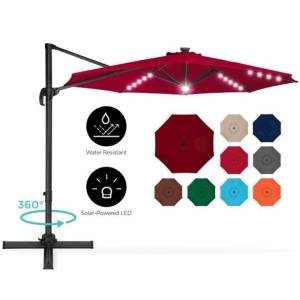 360-Degree LED Cantilever Offset Patio Umbrella w/ Tilt, 10ft - Burgundy. Appears New