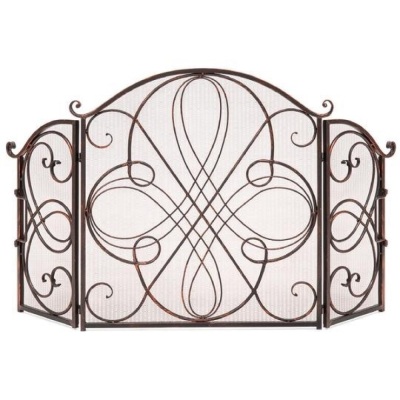 3-Panel Wrought Iron Metal Fireplace Screen Cover w/ Scroll Design - 55x33in. Appears New