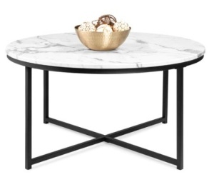 Round Coffee Table w/ Faux Marble Top, Black Metal Frame, 36in