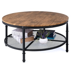 2-Tier Round Industrial Wood & Steel Coffee Table, Storage Shelves - 35.5in