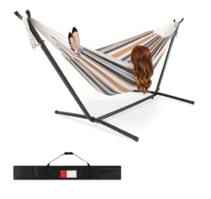 2-Person Brazilian-Style Double Hammock w/ Carrying Bag and Steel Stand, Desert Stripes