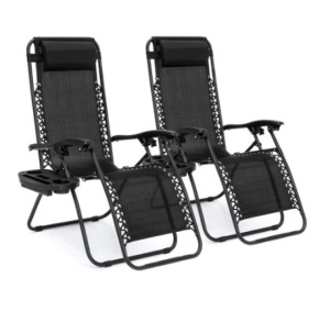 Set of 2 Adjustable Zero Gravity Patio Chair Recliners w/ Cup Holders, Black