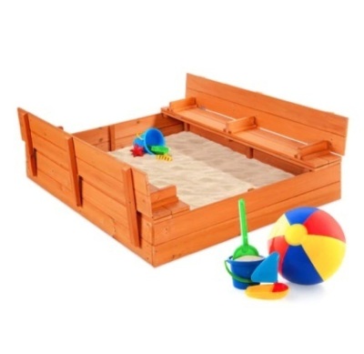 Kids Cedar Sandbox w/ Sand Screen & 2 Benches, 47x47in