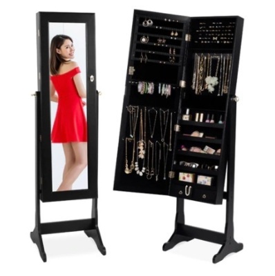 Full Length Standing Jewelry Mirror Armoire w/ Velvet Interior, Black