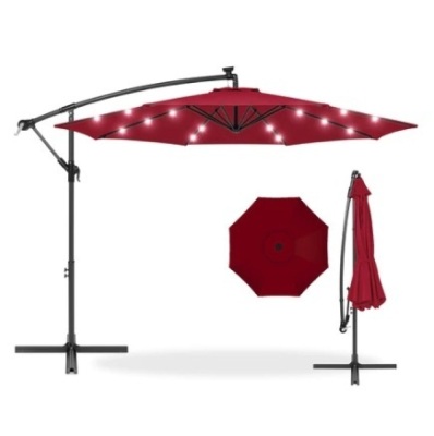 Solar LED Offset Hanging Patio Umbrella w/ Crank Tilt Adjustment,10ft, Burgundy