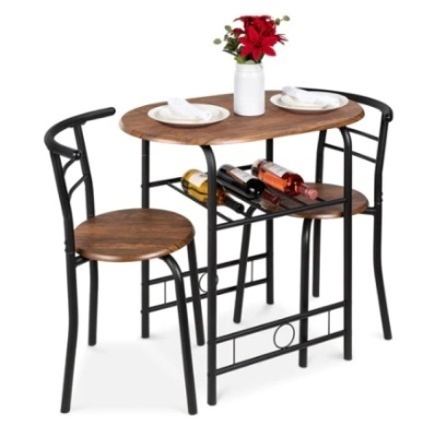 3-Piece Wooden Table & Chairs Dining Set w/ Lower Storage Shelf, Black/Brown