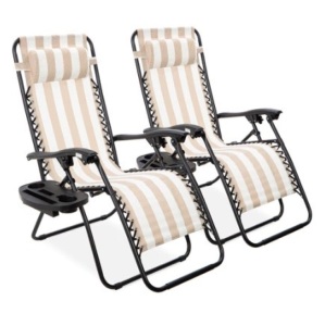 Set of 2 Adjustable Zero Gravity Patio Chair Recliners w/ Cup Holders, Tan Stripes