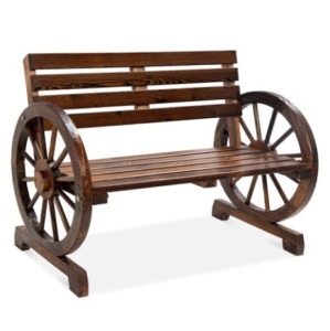 2-Person Rustic Wooden Wagon Wheel Bench w/ Slatted Seat & Backrest