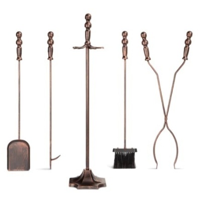 5-Piece Rustic Iron Indoor Outdoor Fireplace and Firepit Tool Set w/ Stand, Copper