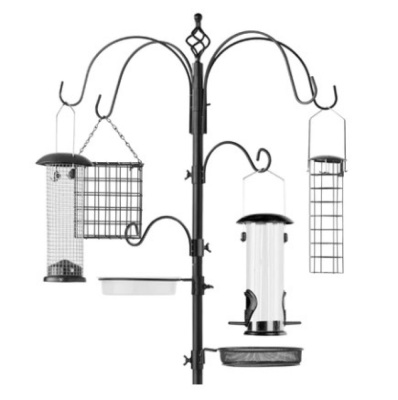 Bird Feeding Station, 6-Hook Steel Multi-Feeder Stand w/ 4 Feeders, 89in, Black