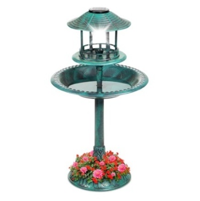 Solar Lighted Outdoor Pedestal Bird Bath w/ Planter, Decorative Bird Cage, Green