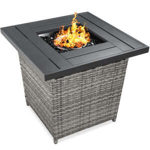 28in Fire Pit Table 50,000 BTU Wicker Propane w/ Faux Wood Tabletop, Cover 