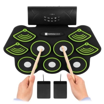 Electronic Drum Set, Bluetooth Roll Up Portable Pad Kit w/ Built-In Speakers, Pedals & Drumsticks