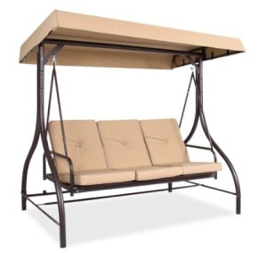 3-Seat Outdoor Canopy Swing Glider Furniture w/ Converting Flatbed Backrest, Tan