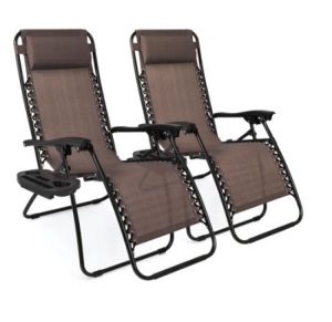 Set of 2 Adjustable Zero Gravity Patio Chair Recliners w/ Cup Holders, Brown