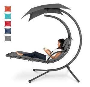 Hanging Curved Chaise Lounge Chair w/ Built-In Pillow & Removable Canopy, Charcoal Gray