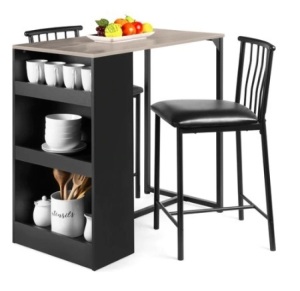 3-Piece Counter Height Kitchen Dining Table Set w/ Storage Shelves, Gray/Black