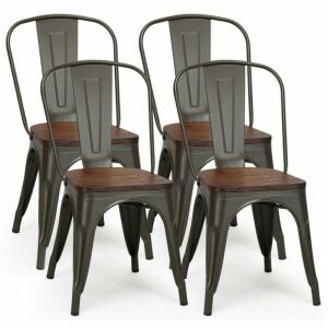 Set Of 4 Stackable Tolix Style Metal Wood Dining Chair-Gun