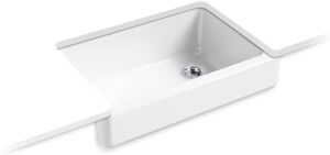 KOHLER 5826-0 Whitehaven Farmhouse Self-Trimming Undermount Single-Bowl Sink with Short Apron, 33, White
