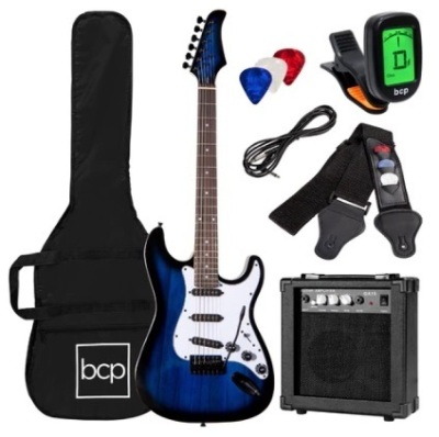 Beginner Electric Guitar Kit w/ Case, 10W Amp, Tremolo Bar, 39in, Hollywood Blue