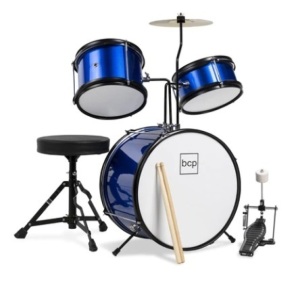 Kids Beginner 3-Piece Drum, Musical Instrument Set w/ Sticks, Stool & Pedal, Blue