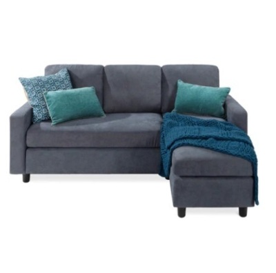 Linen Sectional Sofa Couch w/ Chaise Lounge, Reversible Ottoman Bench, Blue/Gray