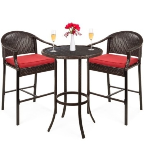 3-Piece Outdoor Wicker Bistro Bar Height Set&nbsp;w/ Barstools, Steel Frame