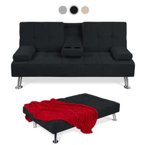 Linen Upholstered Convertible Sofa Bed Futon w/2 Cupholders 