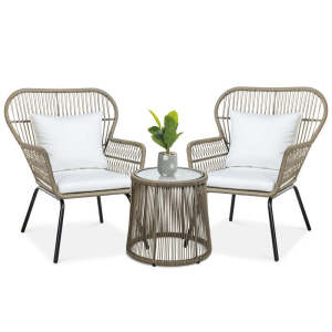 3-Piece Patio Wicker Conversation Bistro Set w/ 2 Chairs, Glass Top Table 