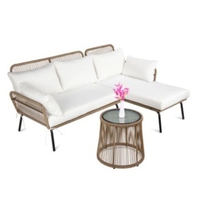 Rope Woven Sectional, L-Shape Sofa Set w/ Detachable Lounger & Table, White, Boxes A & B