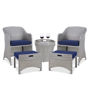 5-Piece Outdoor Wicker Bistro Set w/ Side Storage Table, No Assembly, Gray/Navy