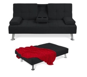 Linen Upholstered Convertible Sofa Bed Futon w/ 2 Cupholders, Black