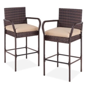 Set of 2 Indoor Outdoor Wicker Bar Stools w/ Cushion, Footrests, Armrests, Brown