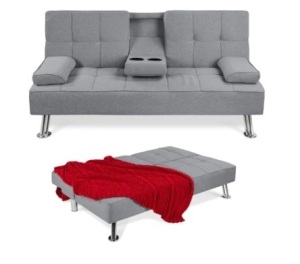 Linen Upholstered Convertible Sofa Bed Futon w/ 2 Cupholders, Gray