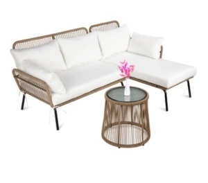 Rope Woven Sectional, L-Shape Sofa Set w/ Detachable Lounger & Table, White