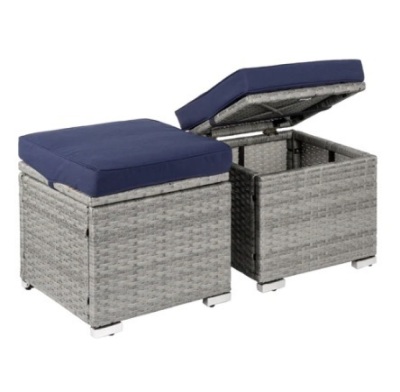 Set of 2 Wicker Ottomans, Multipurpose w/ Removable Cushions, Steel Frame, Gray/Navy